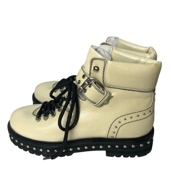 LOLA CRUZ PATENT LEATHER OFF WHITE IVORY MOTO ANKLE BOOT - Picture 2 of 5